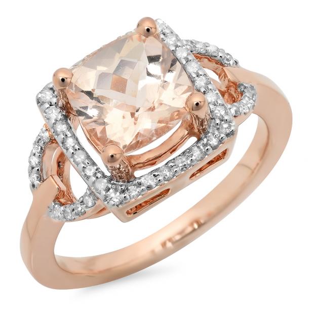 2.15 Carat (ctw) 14K Rose Gold Cushion Cut Morganite & Round Cut White Diamond Ladies Bridal Halo Style Engagement Ring