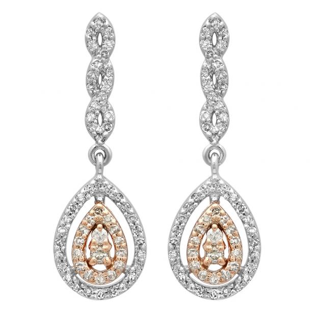 0.50 Carat (ctw) 10K Rose & White Gold White Diamond Ladies Teardrop Style Drop Earrings 1/2 CT