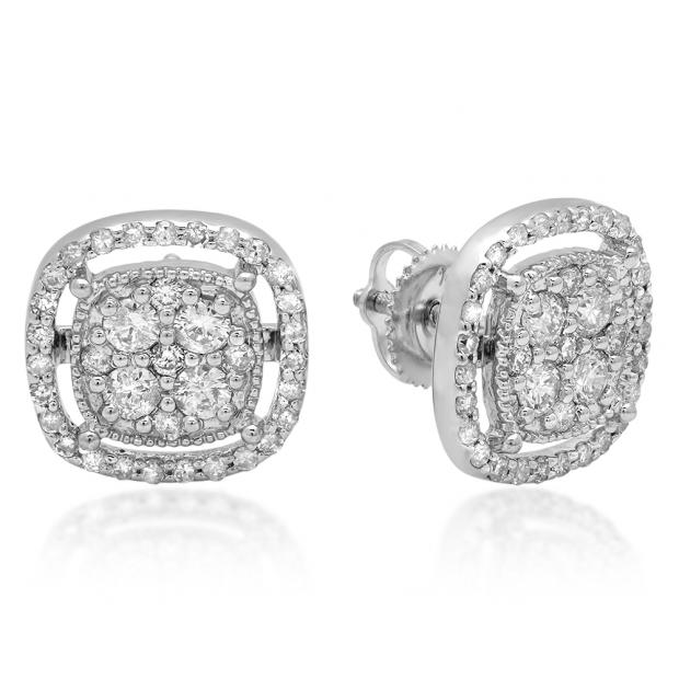 1.00 Carat (ctw) 14K White Gold Round Cut White Diamond Ladies Cluster Style Stud Earrings 1 CT