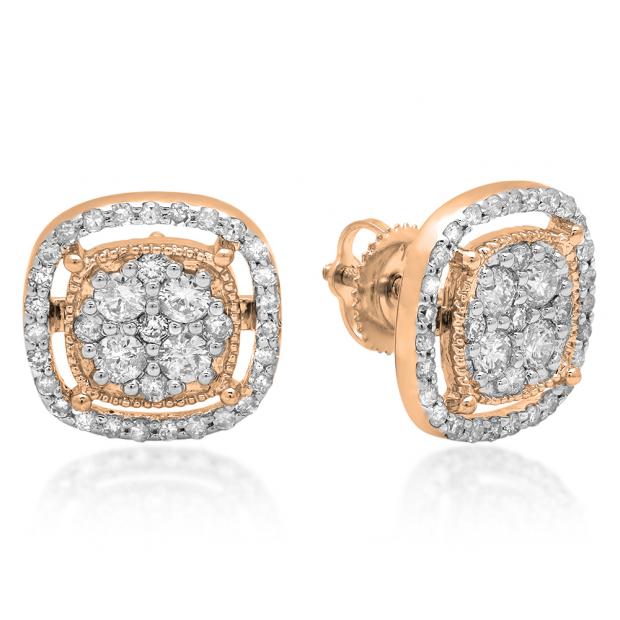 1.00 Carat (ctw) 18K Rose Gold Round Cut White Diamond Ladies Cluster Style Stud Earrings 1 CT