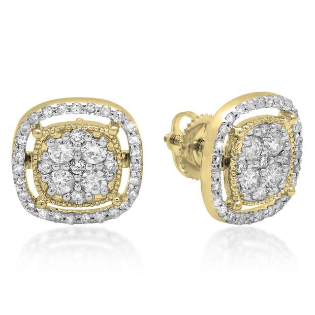 1.00 Carat (ctw) 18K Yellow Gold Round Cut White Diamond Ladies Cluster Style Stud Earrings 1 CT