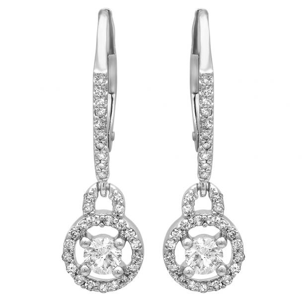 0.50 Carat (ctw) 14K White Gold Round Cut White Diamond Ladies Halo Style Dangling Drop Earrings 1/2 CT