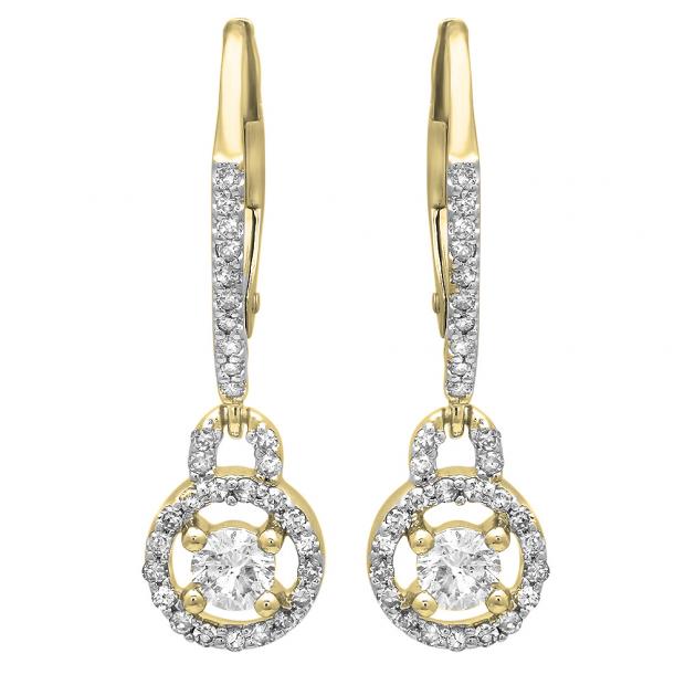 0.50 Carat (ctw) 18K Yellow Gold Round Cut White Diamond Ladies Halo Style Dangling Drop Earrings 1/2 CT