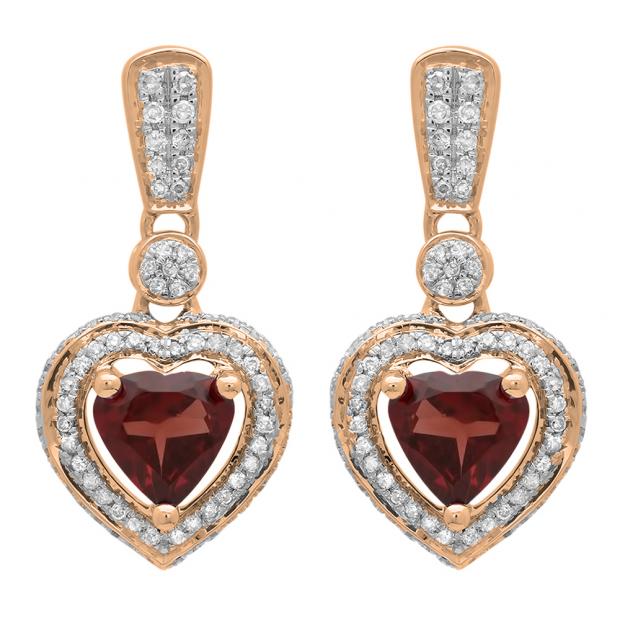 2.20 Carat (ctw) 14K Rose Gold Heart Cut Red Garnet & Round Cut White Diamond Ladies Heart Dangling Earrings