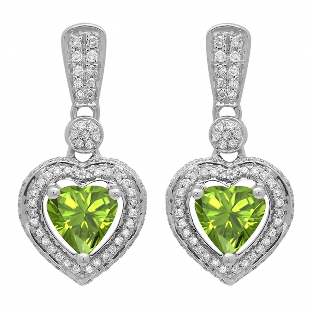 2.20 Carat (ctw) 14K White Gold Heart Cut Peridot & Round Cut White Diamond Ladies Heart Dangling Earrings
