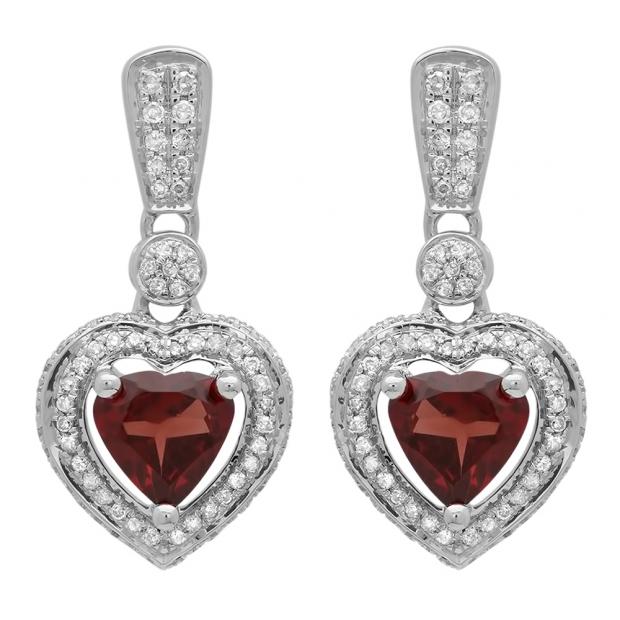 2.20 Carat (ctw) 14K White Gold Heart Cut Red Garnet & Round Cut White Diamond Ladies Heart Dangling Earrings