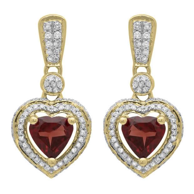 2.20 Carat (ctw) 18K Yellow Gold Heart Cut Red Garnet & Round Cut White Diamond Ladies Heart Dangling Earrings