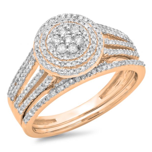 0.55 Carat (ctw) 10K Rose Gold Round Cut Diamond Ladies Split Shank Bridal Cluster Engagement Ring With Matching Band Set 1/2 CT