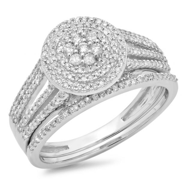 0.55 Carat (ctw) 10K White Gold Round Cut Diamond Ladies Split Shank Bridal Cluster Engagement Ring With Matching Band Set 1/2 CT