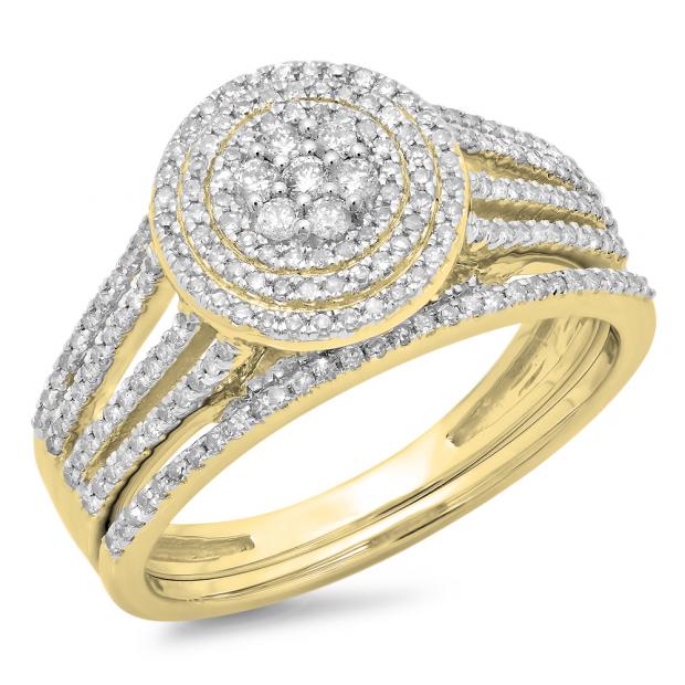 0.55 Carat (ctw) 10K Yellow Gold Round Cut Diamond Ladies Split Shank Bridal Cluster Engagement Ring With Matching Band Set 1/2 CT