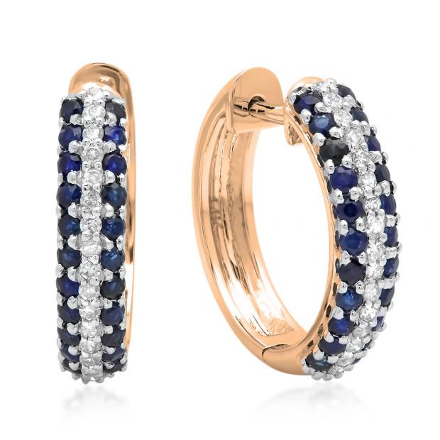 1.00 Carat (ctw) 10K Rose Gold Round Blue Sapphire & White Diamond Ladies Pave Set Huggies Hoop Earrings 1 CT
