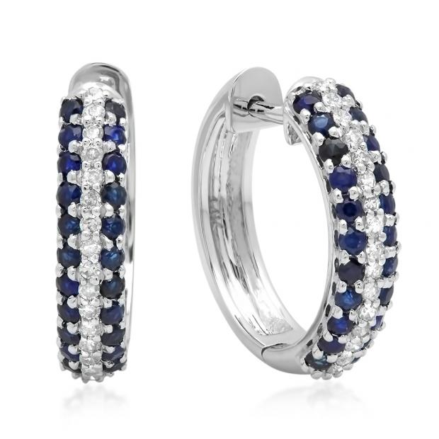 1.00 Carat (ctw) 10K White Gold Round Blue Sapphire & White Diamond Ladies Pave Set Huggies Hoop Earrings 1 CT