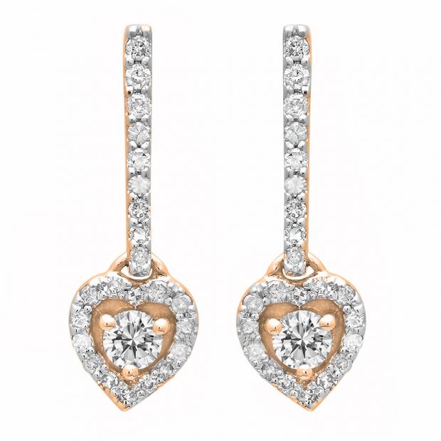 0.50 Carat (ctw) 10K Rose Gold Round White Diamond Ladies Heart Dangling Drop Earrings 1/2 CT