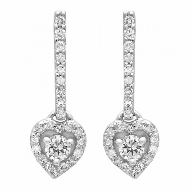 0.50 Carat (ctw) 10K White Gold Round White Diamond Ladies Heart Dangling Drop Earrings 1/2 CT