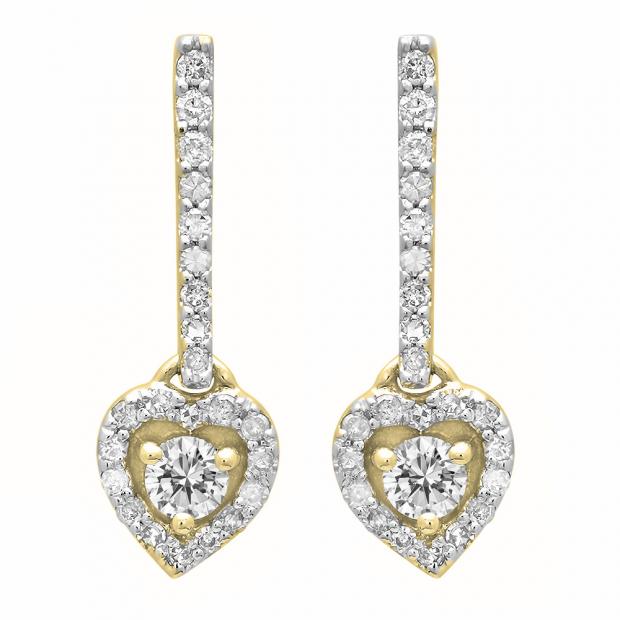 0.50 Carat (ctw) 18K Yellow Gold Round White Diamond Ladies Heart Dangling Drop Earrings 1/2 CT