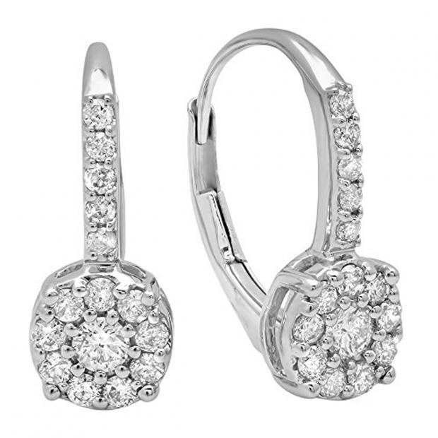 0.55 Carat (ctw) 18K White Gold Round Cut White Diamond Ladies Cluster Style Dangling Drop Earrings 1/2 CT