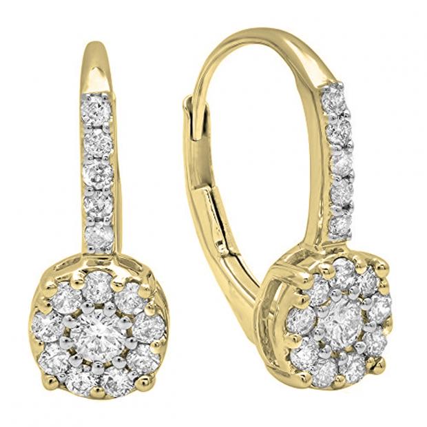 0.55 Carat (ctw) 18K Yellow Gold Round Cut White Diamond Ladies Cluster Style Dangling Drop Earrings 1/2 CT