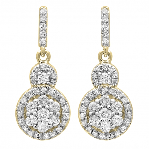 0.50 Carat (ctw) 10K Yellow Gold Round Cut White Diamond Ladies Cluster Style Drop Earrings 1/2 CT