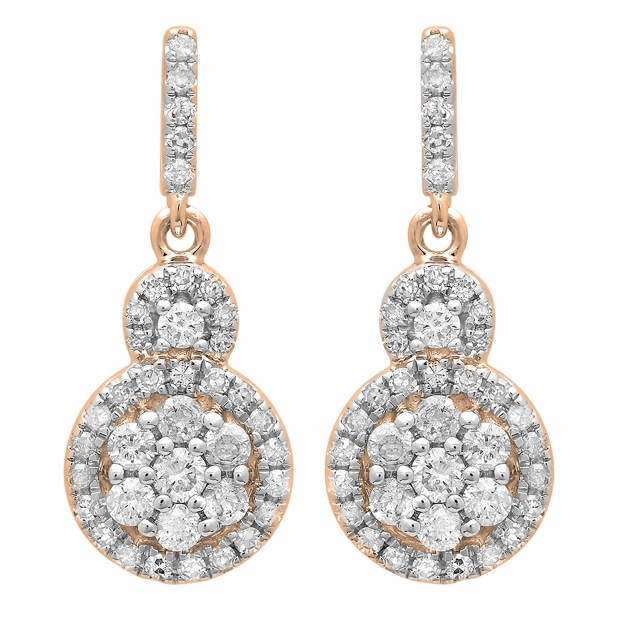 0.50 Carat (ctw) 14K Rose Gold Round Cut White Diamond Ladies Cluster Style Drop Earrings 1/2 CT