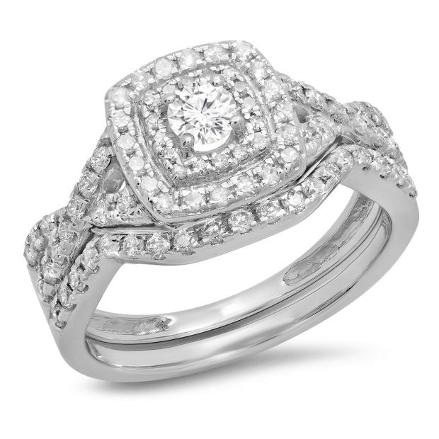 0.85 Carat (ctw) 10K White Gold Round White Diamond Ladies Split Shank Bridal Halo Style Engagement Ring Set