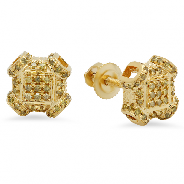 0.30 Carat (ctw) 14K Yellow Gold Round Yellow Diamond Ladies Fashion Micropave Stud Earrings 1/3 CT
