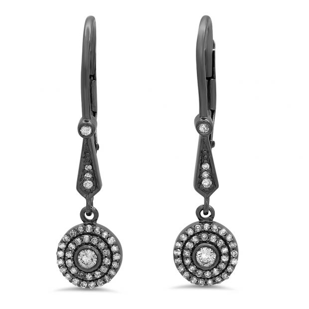0.30 Carat (Ctw) Black Rhodium Plated 10K White Gold Round Cut White Diamond Ladies Circle Dangling Drop Earrings 1/3 CT