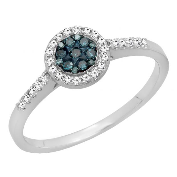 0.25 Carat (ctw) 14K White Gold Round White & Blue Diamond Ladies Cluster Style Bridal Engagement Ring 1/4 CT