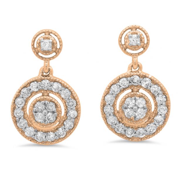 0.60 Carat (ctw) 10K Rose Gold Round White Diamond Ladies Circle Cluster Style Dangling Earrings