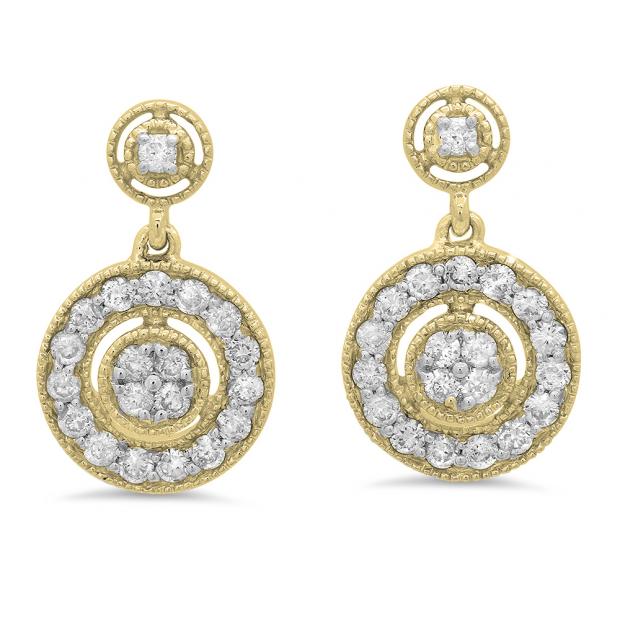 0.60 Carat (ctw) 18K Yellow Gold Round White Diamond Ladies Circle Cluster Style Dangling Earrings