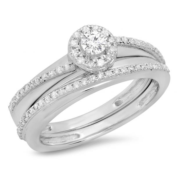0.45 Carat (ctw) 10K White Gold Round White Diamond Ladies Bridal Halo Style Engagement Ring Set 1/2 CT