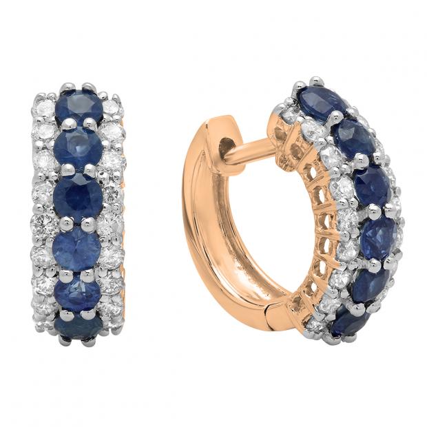 1.40 Carat (Ctw) 10K Rose Gold Round White Diamond & Blue Sapphire Ladies Huggies Hoop Earrings