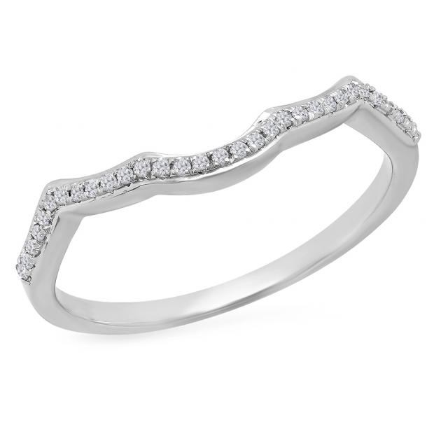 0.10 Carat (ctw) 18K White Gold Round Cut White Diamond Ladies Anniversary Wedding Stackable Band Contour Guard Ring 1/10 CT