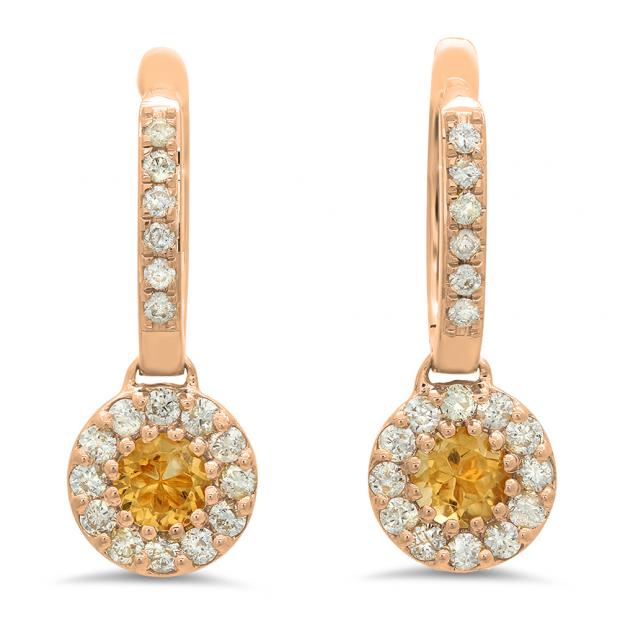 1.00 Carat (ctw) 14K Rose Gold Round Citrine & White Diamond Ladies Circle Halo Style Dangling Drop Earrings 1 CT