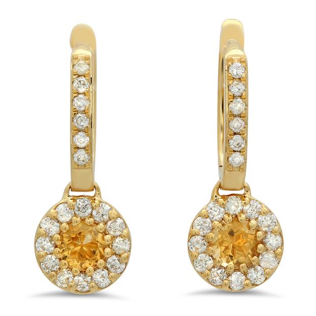 1.00 Carat (ctw) 14K Yellow Gold Round Citrine & White Diamond Ladies Circle Halo Style Dangling Drop Earrings 1 CT
