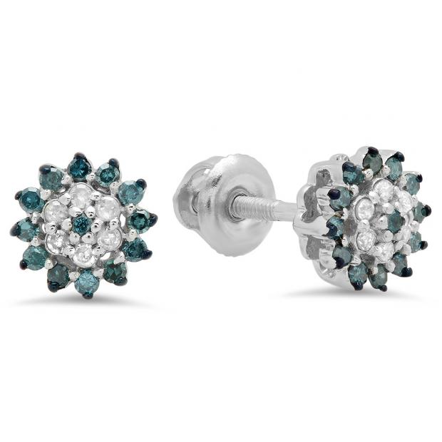 0.25 Carat (ctw) Sterling Silver Round Blue & White Diamond Ladies Cluster Style Stud Earrings 1/4 CT