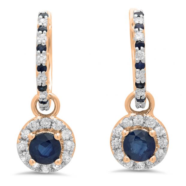 1.45 Carat (ctw) 10K Rose Gold Round Blue Sapphire & White Diamond Ladies Halo Style Dangling Drop Earrings 1 1/2 CT
