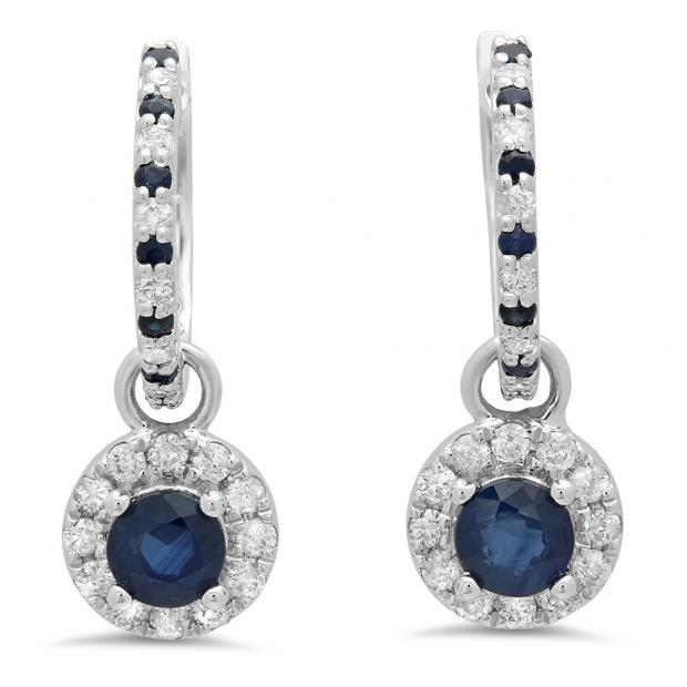 1.45 Carat (ctw) 14K White Gold Round Blue Sapphire & White Diamond Ladies Halo Style Dangling Drop Earrings 1 1/2 CT