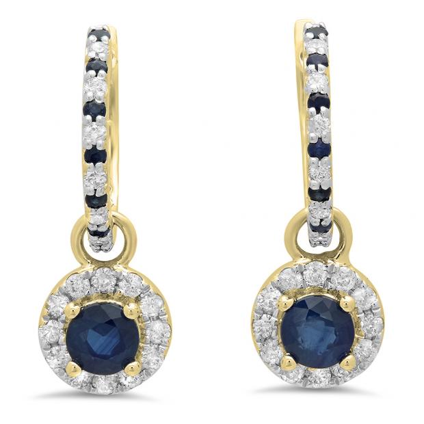 1.45 Carat (ctw) 14K Yellow Gold Round Blue Sapphire & White Diamond Ladies Halo Style Dangling Drop Earrings 1 1/2 CT