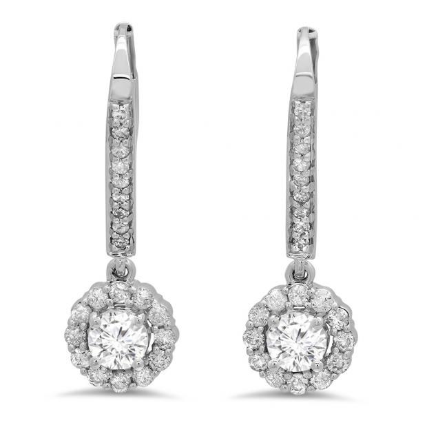0.95 Carat (ctw) 10K White Gold Round White Diamond Ladies Halo Style Dangling Drop Earrings 1 CT