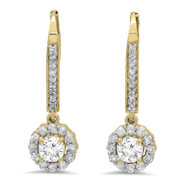 0.95 Carat (ctw) 10K Yellow Gold Round White Diamond Ladies Halo Style Dangling Drop Earrings 1 CT