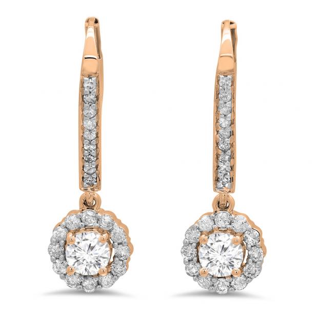 0.95 Carat (ctw) 18K Rose Gold Round White Diamond Ladies Halo Style Dangling Drop Earrings 1 CT