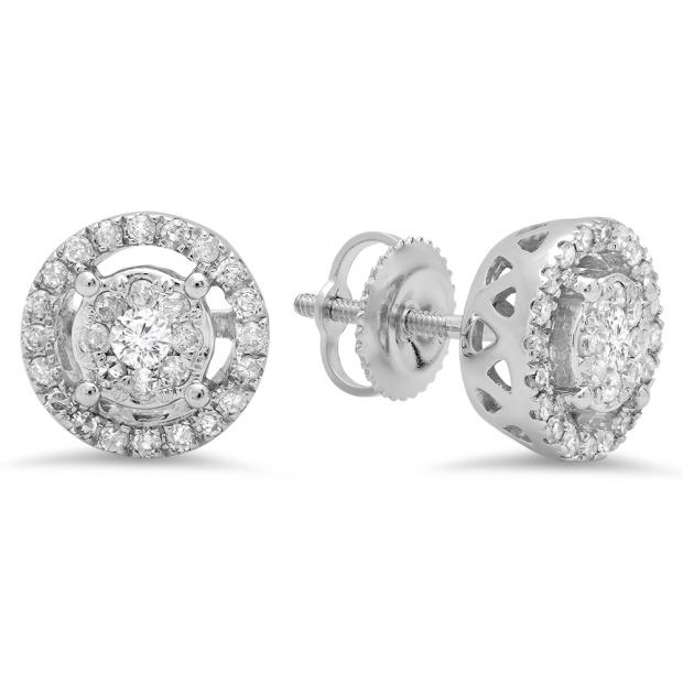 0.50 Carat (ctw) 10K White Gold Round White Diamond Ladies Cluster Style Stud Earrings 1/2 CT