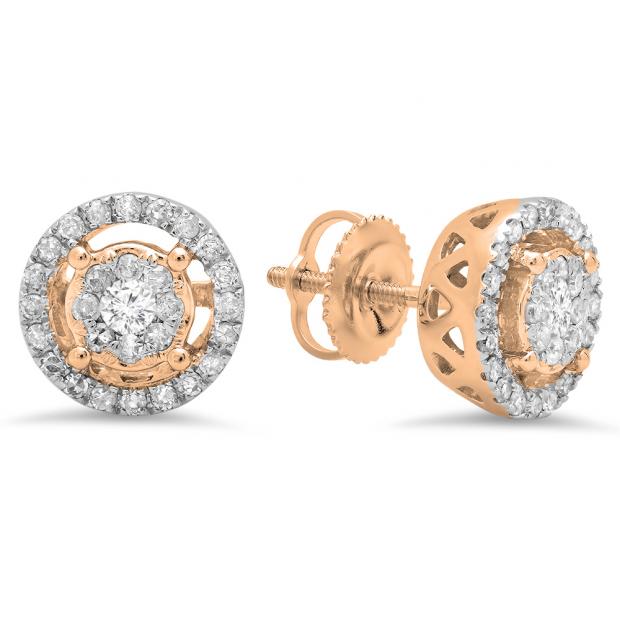 0.50 Carat (ctw) 14K Rose Gold Round White Diamond Ladies Cluster Style Stud Earrings 1/2 CT
