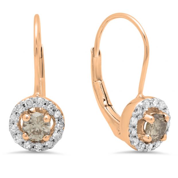 0.55 Carat (Ctw) 10K Rose Gold Round White & Champagne Diamond Ladies Halo Style Huggies Hoop Earrings 1/2 CT