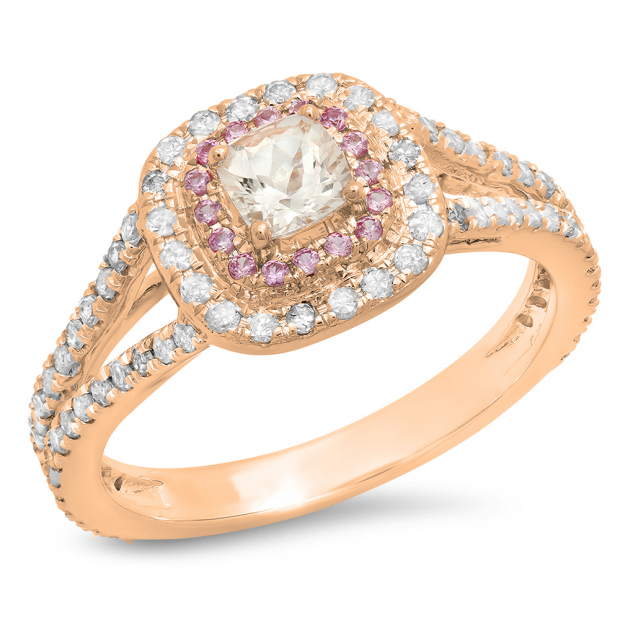 0.95 Carat (Ctw) 10K Rose Gold Cushion Morganite & Round Pink Sapphire & Diamond Bridal Halo Split Shank Engagement Ring 1 CT
