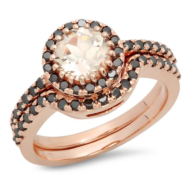 1.60 Carat (ctw) 14K Rose Gold Round Morganite & Black Diamond Ladies Bridal Halo Style Engagement Ring Set