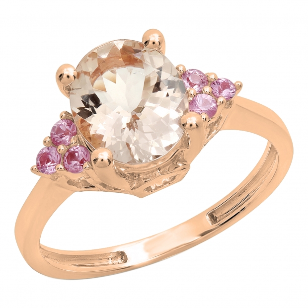 2.15 Carat (ctw) 18K Rose Gold Oval Morganite & Round Pink Sapphire Ladies Bridal Engagement Ring