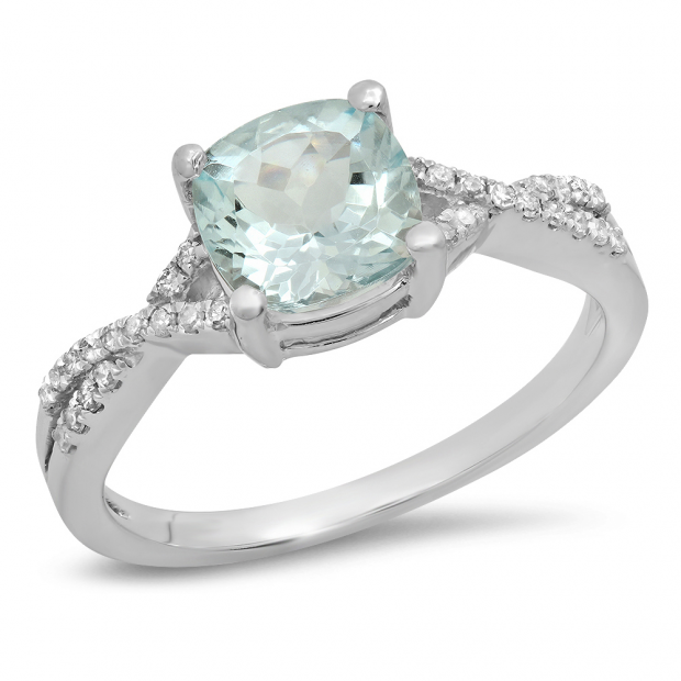 1.45 Carat (ctw) 10K White Gold Cushion Aquamarine & Round White Diamond Ladies Swirl Split Shank Bridal Engagement Ring 1 1/2 CT