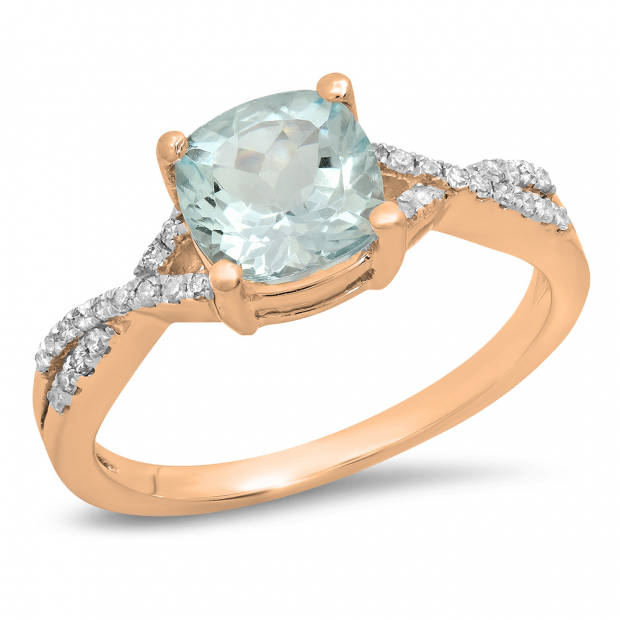 1.45 Carat (ctw) 14K Rose Gold Cushion Aquamarine & Round White Diamond Ladies Swirl Split Shank Bridal Engagement Ring 1 1/2 CT