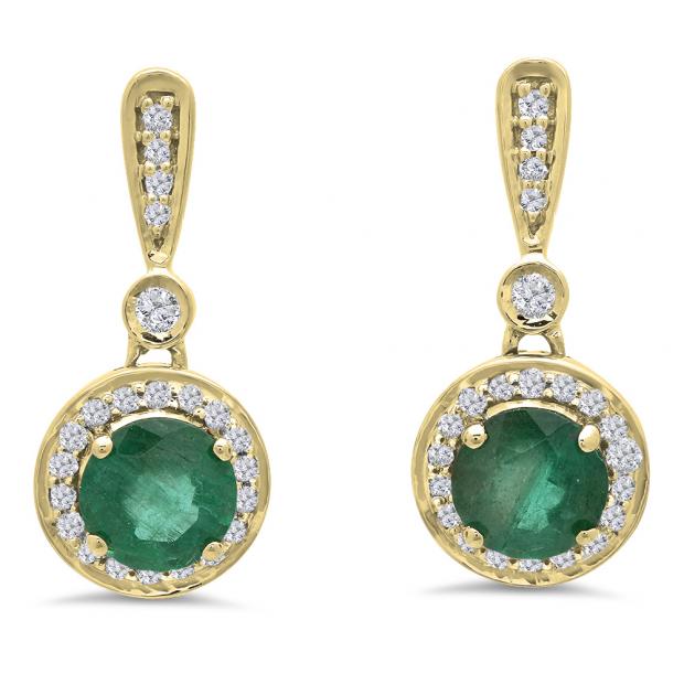 1.10 Carat (ctw) 10K Yellow Gold Round Green Emerald & White Diamond Ladies Halo Style Dangling Drop Earrings 1 CT